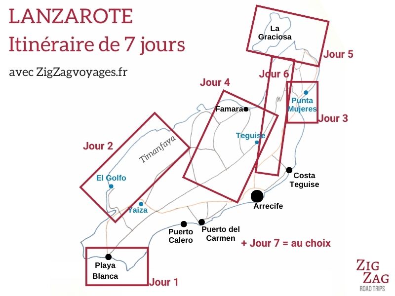Carte un semaine Lanzarote itineraire 7 jours Visiter Lanzarote en 7 jours: 4 itinéraires d'une semaine (+photos)