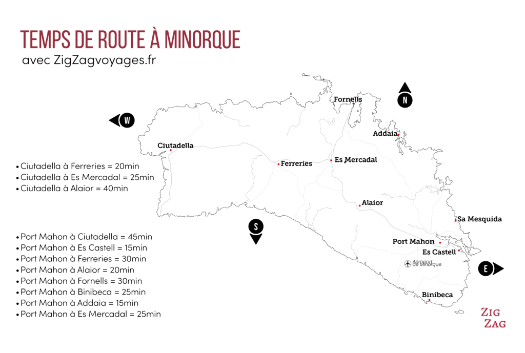 Karte der Fahrtzeiten auf Menorca