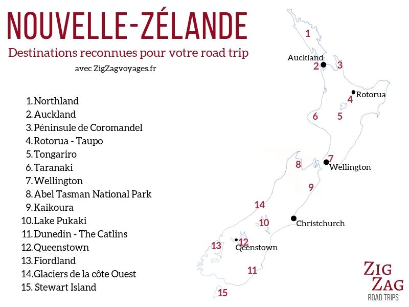 Destinations road trip Nouvelle Zelande carte