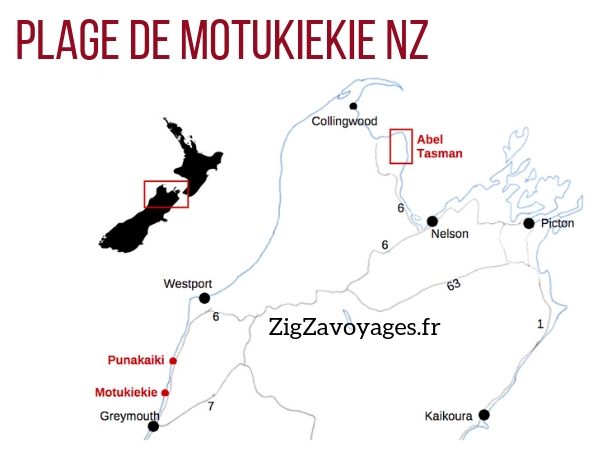Localisation plage Motukiekie Nouvelle Zelande carte