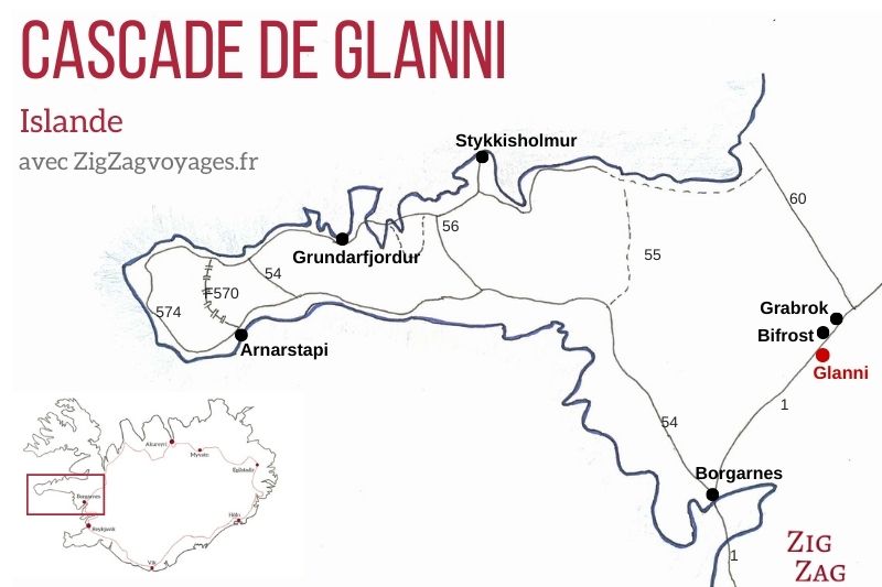 Carte cascade Glanni Islande