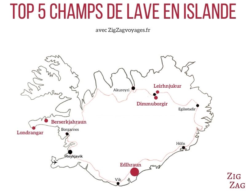 Carte champs de lave Islande