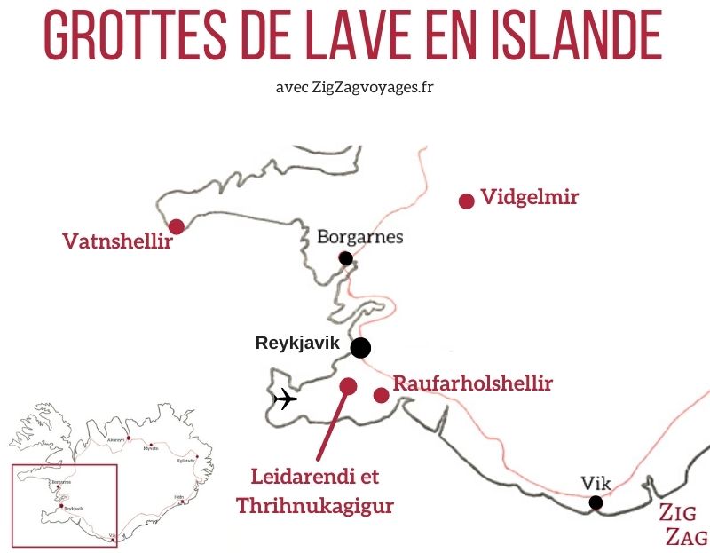 Carte grottes de lave en Islande