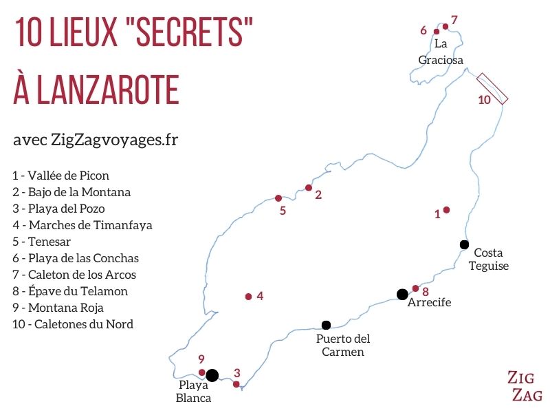 Carte endroits secrets que voir Lanzarote sans touriste