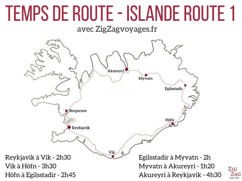 Carte Islande Route 1 temps de route circulaire