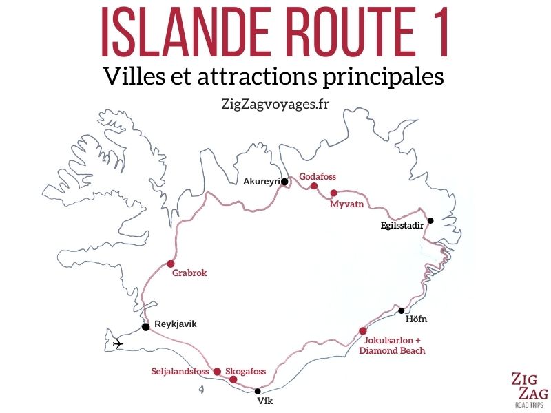 Carte Islande Route 1 villes attractions