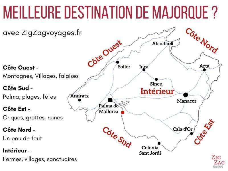 Carte Majorque destinations cote est ouest sud nord