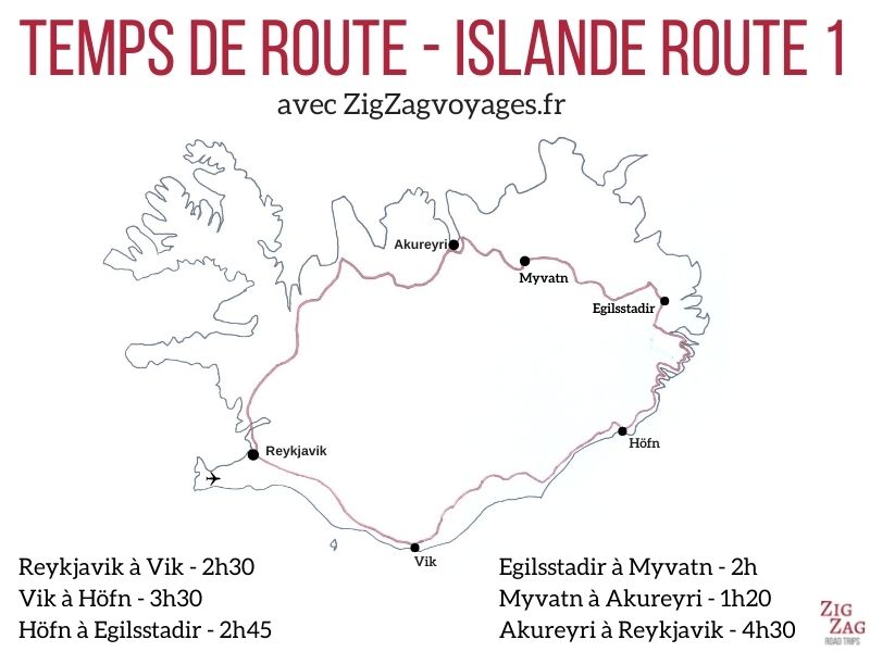 Carte Route Circulaire Islande temps de conduite