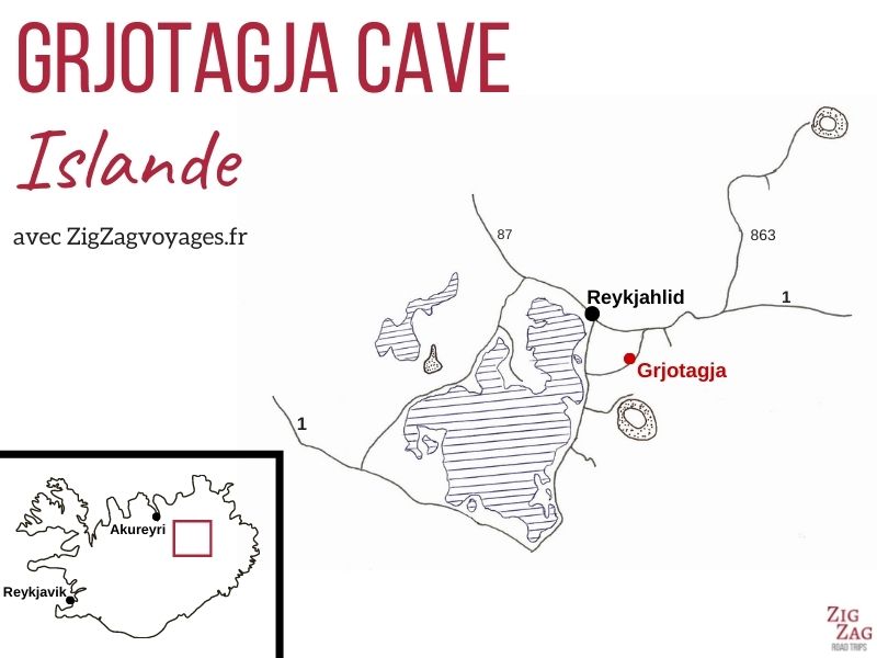 Carte grotte Grjotagja Islande source chaude Myvatn