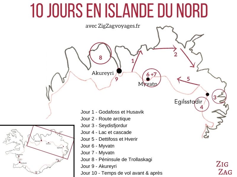 Carte 10 jours itineraire islande nord