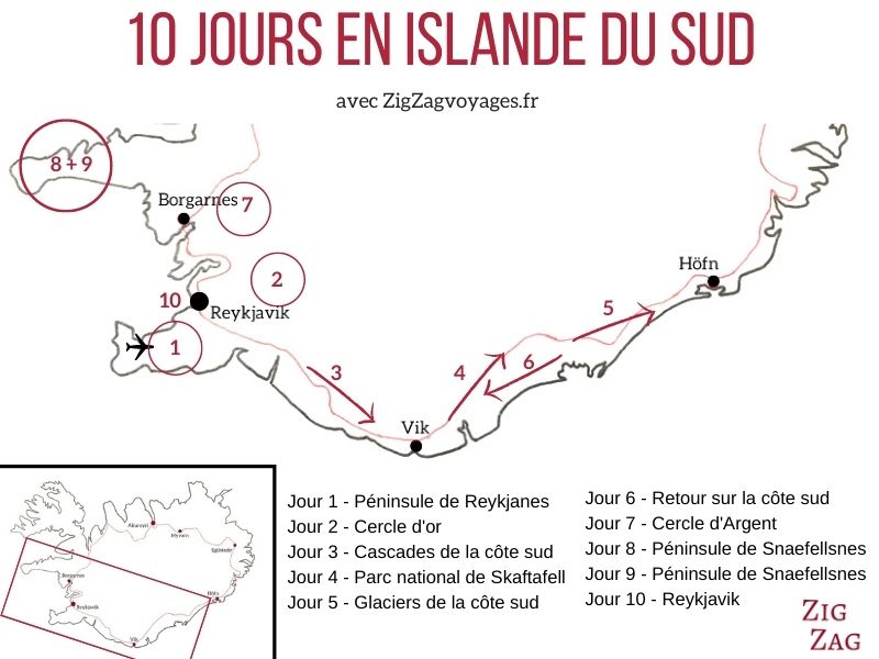 Carte 10 jours itineraire islande sud