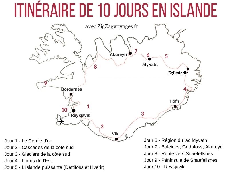 Carte circuit 10 jours islande itineraire