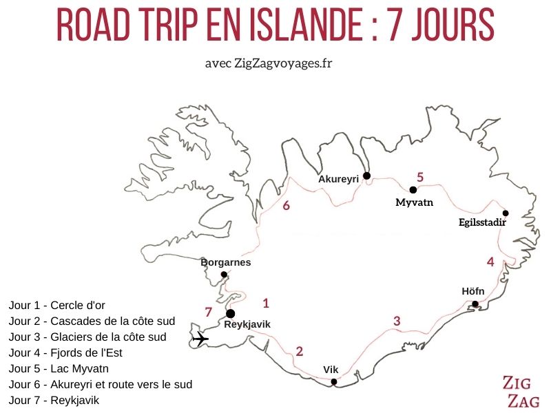 Carte itineraire road trip islande 7 jours
