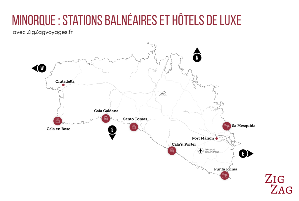 Carte de Minorque (Baléares) : stations balnéaires et hôtels de luxe
