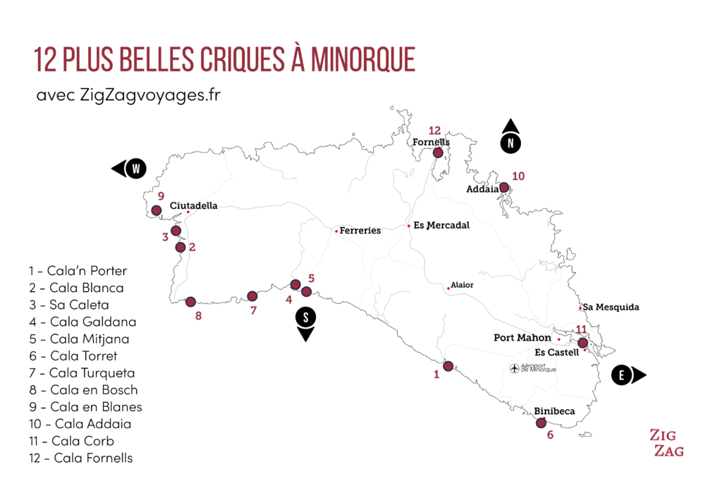 Carte des 12 plus belles criques à Minorque (calas)