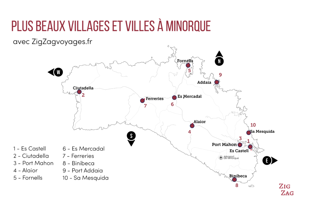 Carte des plus beaux villages (et villes) à Minorque